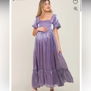 Lavender Satin Square Neck Short Puff Sleeve Maternity Maxi Dress.